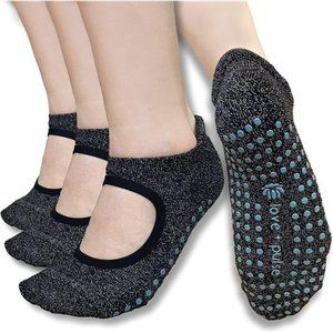 PulseAmor 3 Pairs Sparkly Non-Slip Grip Socks for Yoga, Barre, Pilates, Dance, F